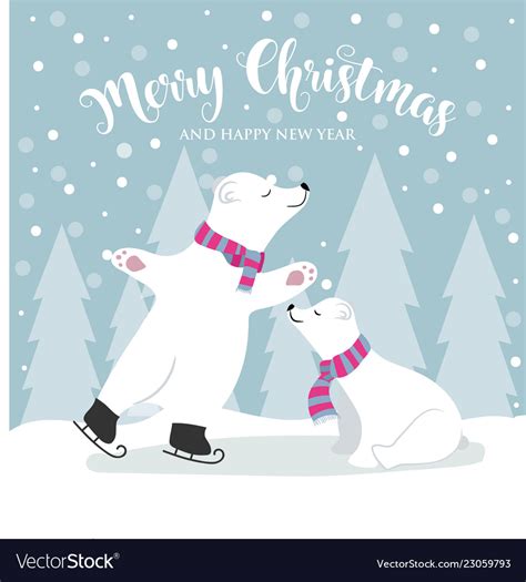 Cute Flat Design Christmas Card With Polar Bears Vector Image