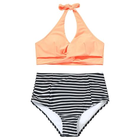 High Waist Striped Twist Bikini Set Wire Free Swimsuits Padded Bathing