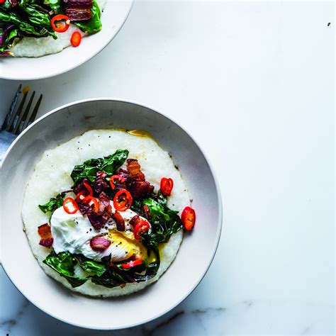 Cheesy Grits With Poached Eggs Greens And Bacon Recipe Epicurious