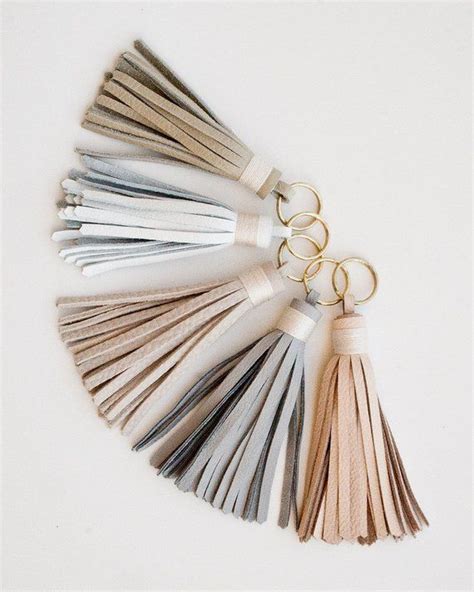 Leather Tassel Gold Keychain White Grey Pink Blush Nude Leather