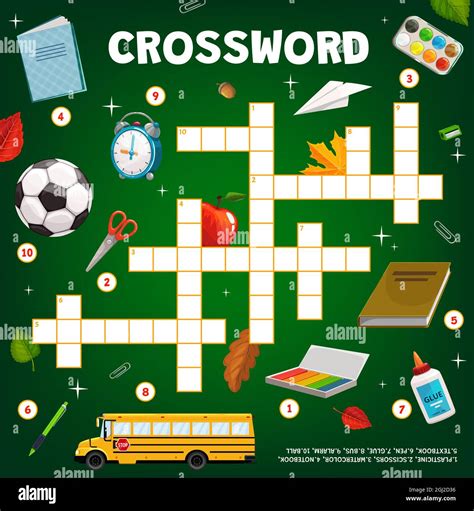 Crossword puzzle game, cartoon school education stationery, bus and ...