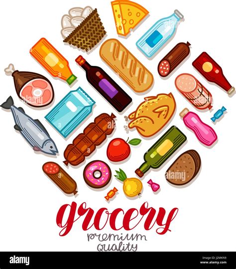 Grocery Store Banner Food And Drinks Icons Set Vector Illustration