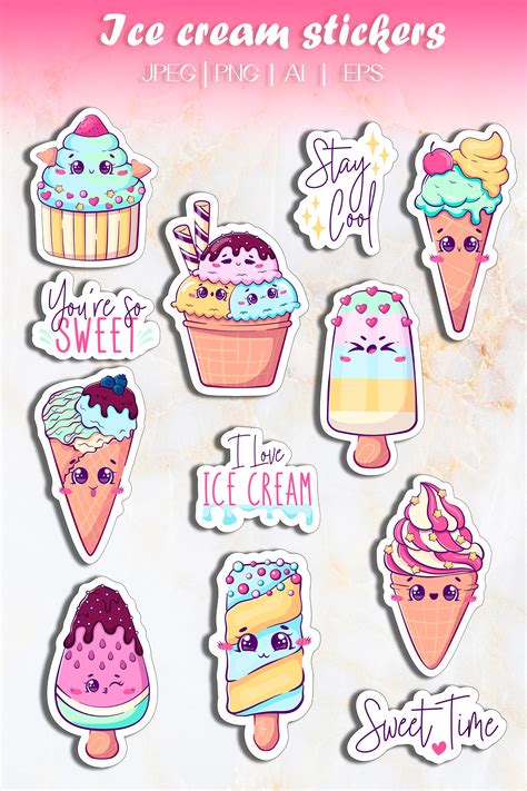 Cute kawaii cartoon ice cream stickers | Summer clip art