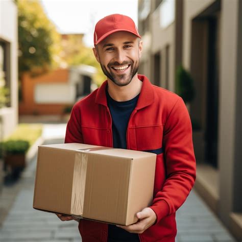 Premium Photo Arafed Man In Red Jacket Holding A Box In Front Of A