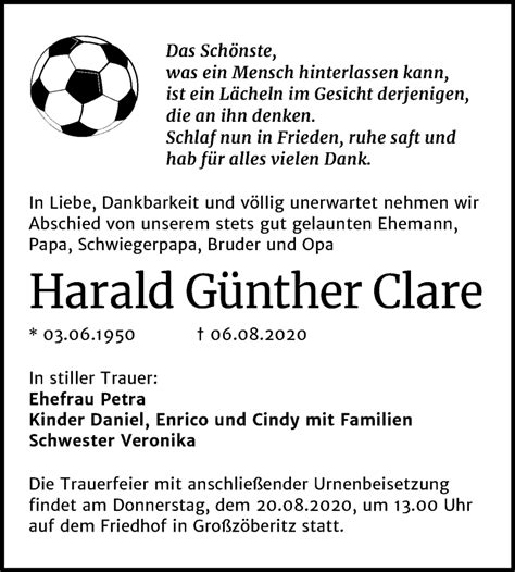 Traueranzeigen von Harald Günther Clare abschied nehmen de