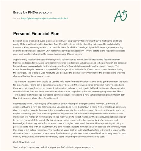 Personal Financial Plan 600 Words