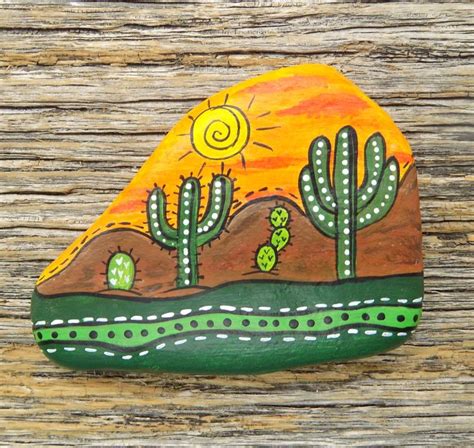 Desert Scene Abstract Cactus Painted Rock Decorative Accent Stone