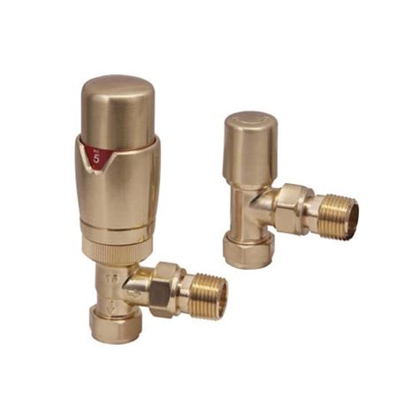 Brenton Designer Angled Thermostatic Radiator Valves Brushed Brass Tap Warehouse