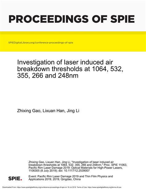 Pdf Investigation Of Laser Induced Air Breakdown Thresholds At