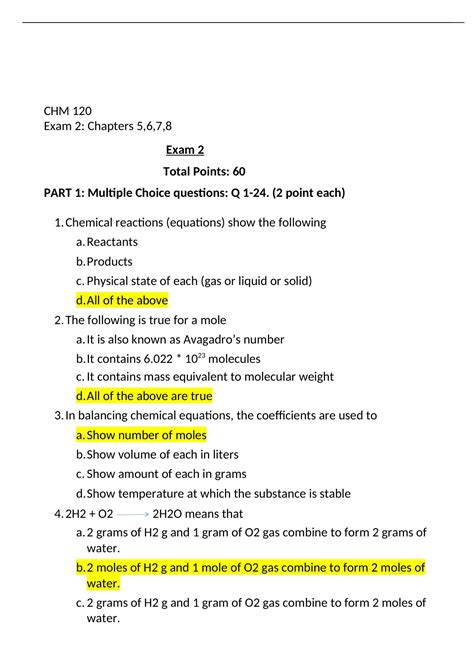 CHEM 120 Exam 2 Chapters 5 6 7 8 With Answer Key Chamberlain