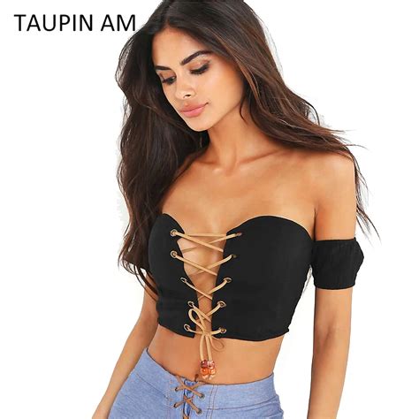 Sexy Stripe Shirts Off Shoulder Crop Tops Women Lace Up Hollow Out