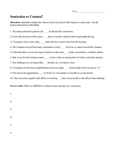 Commas or Semicolons Worksheet 1 | Preview