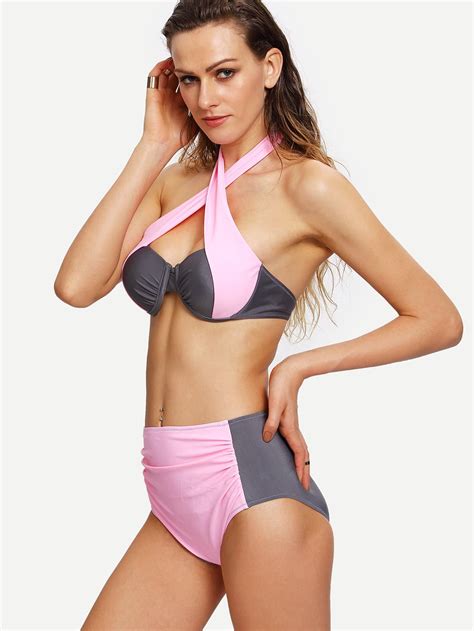 Contrast Cross Wrap Halter Ruched Bikini Set SheIn Sheinside