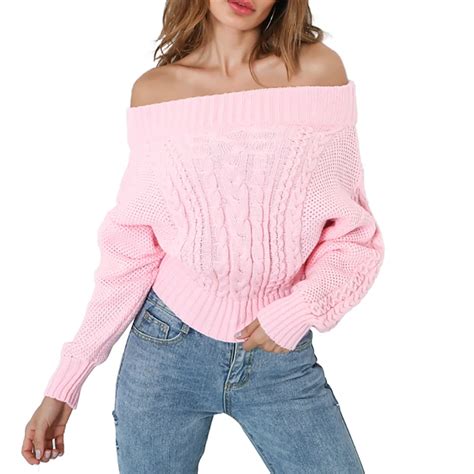 Pink Blue Slash Neck Sweaters Pullovers 2018 Autumn Winter Long Puff