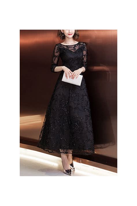 Black Lace Ankle Length Hoco Party Dress With 34 Sleeves 684792