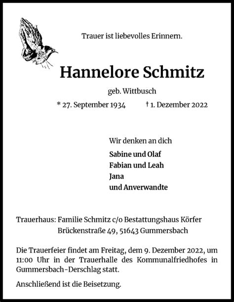 Traueranzeigen Von Hannelore Schmitz WirTrauern