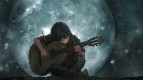 Lonely Anime Boy Playing Guitar Under The Moon Live Wallpaper - MoeWalls