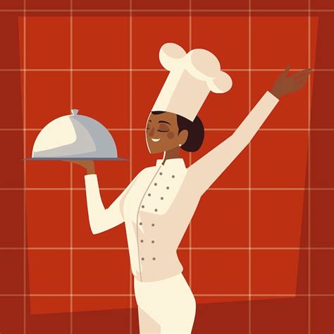 Premium Vector Female Chef With Platter Service Worker Professional