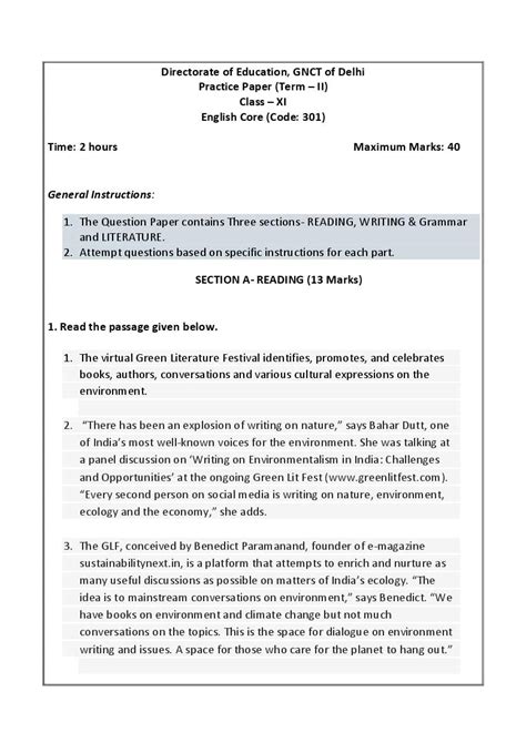 Class 11 Sample Paper 2022 English Term 2 With Solution Download Pdf