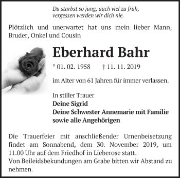 Traueranzeigen Von Eberhard Bahr M Rkische Onlinezeitung Trauerportal