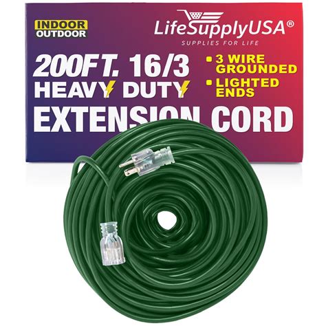 200 Ft Power Extension Cord Outdoor And Indoor Heavy Duty 16 Gauge3 Prong Sjtw Green Lighted