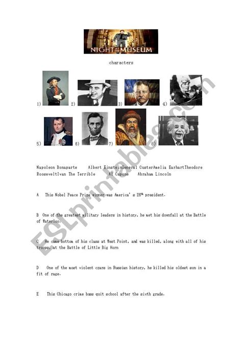 Night At The Museum 2 Characters - ESL worksheet by tarrnius