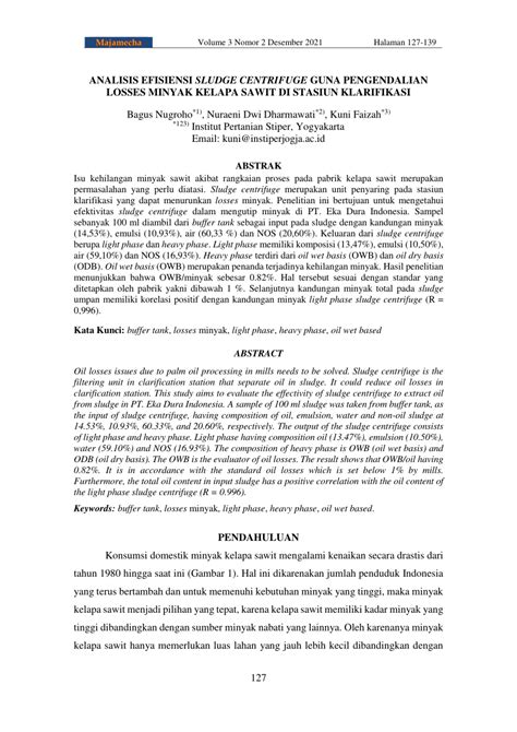 Pdf Analisis Efisiensi Sludge Centrifuge Guna Pengendalian Losses