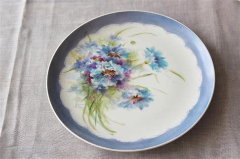 Vintage Hand Painted China Plate Blue Cornflowers Floral Bachelors Buttons