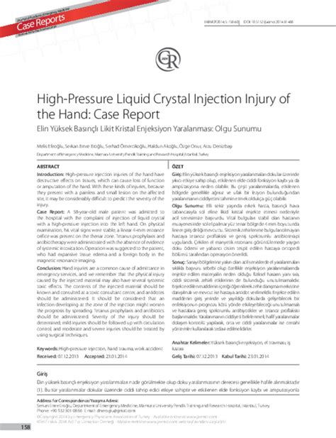 Pdf High Pressure Liquid Crystal Injection Injury Of The Hand Case Report Arzu Denizbasi