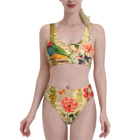 Adobk Vintage Bird Print Women High Waisted Bikini Set Sports Swimsuit