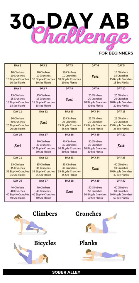 The 30 Day Ab Challenge For Beginners Is Shown In Pink And White