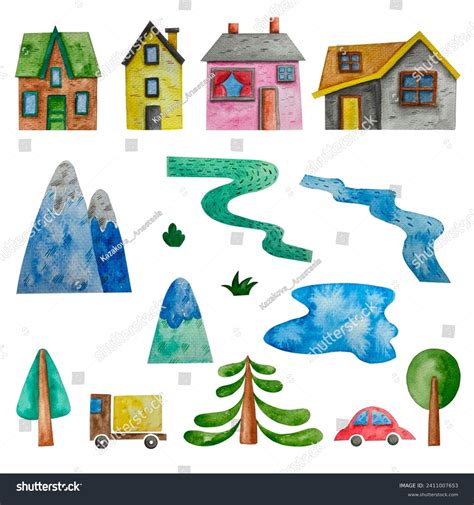 Watercolor Hand Drawn Clipart Cute Town Stock Illustration 2411007653 ...