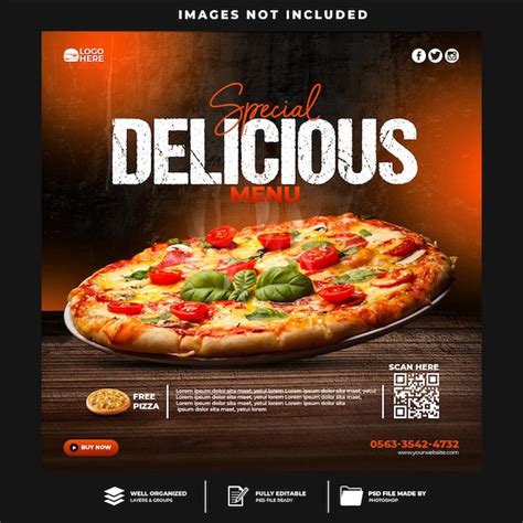 Publicação de mídia social de panfleto de pizza e modelo de banner da