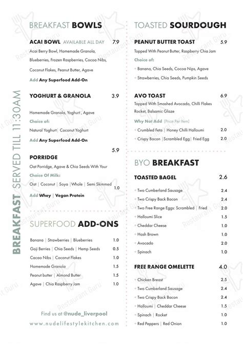 Menu At Nude Lifestyle Kitchen Restaurant Liverpool
