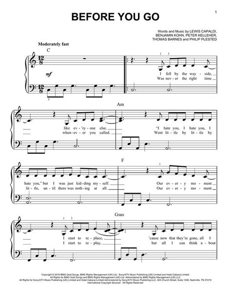 Before You Go Chords for EASY PIANO - Lewis Capaldi Sheet Music | Sheet ...