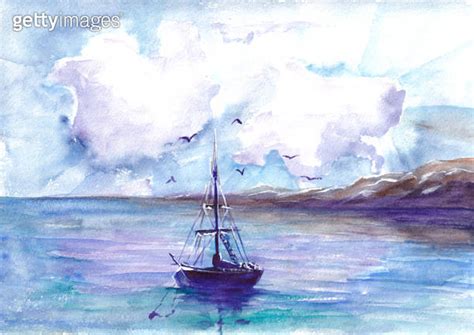 Watercolor Illustration Of The Sea And Sailing Boat Against The