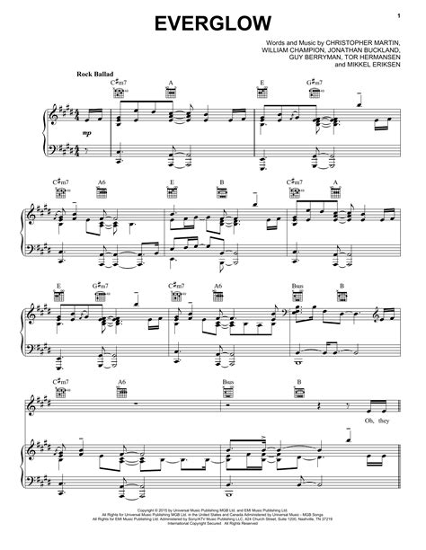 Everglow By Coldplay Sheet Music For Piano Vocal Guitar Chords