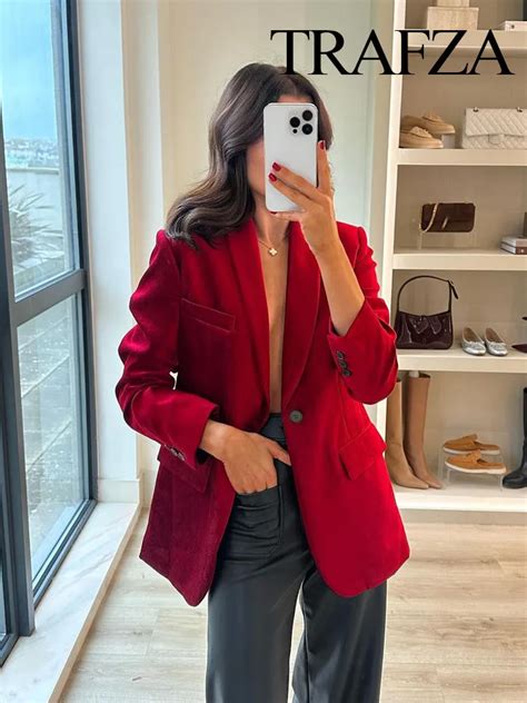 Trafza Women Spring Chic Jacket Coats Red Turn Down Collar Long Sleeves