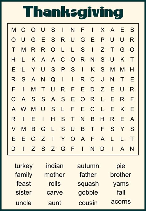 Thanksgiving Free Printables Word Search - Word Search Maker