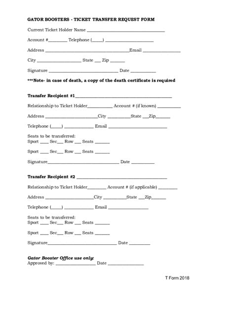 Fillable Online Gator Boosters Ticket Transfer Request Form Notein