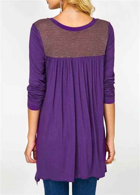 Lace Panel Purple Asymmetric Hem Long Sleeve Blouse Liligal USD