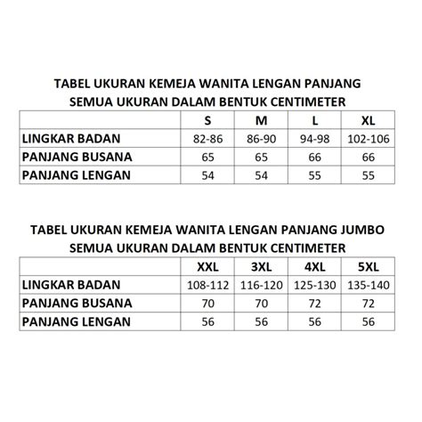 Ukuran Saiz Baju Kemeja Perempuan Size Chart Kemeja Ukuran Kemeja