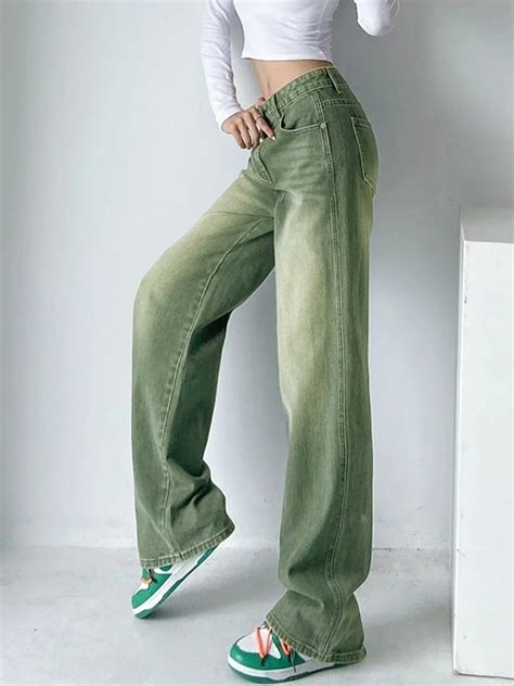 Emmiol Free Shipping 2024 Vintage Wash Baggy Boyfriend Jeans Green S In