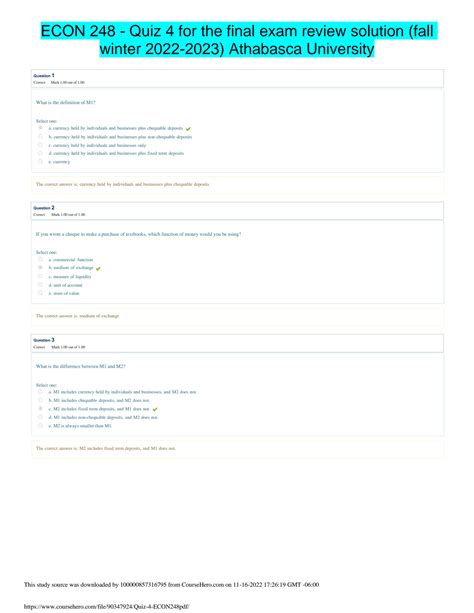 SOLUTION Econ 248 Quiz 4 For The Final Exam Review Solution Fall