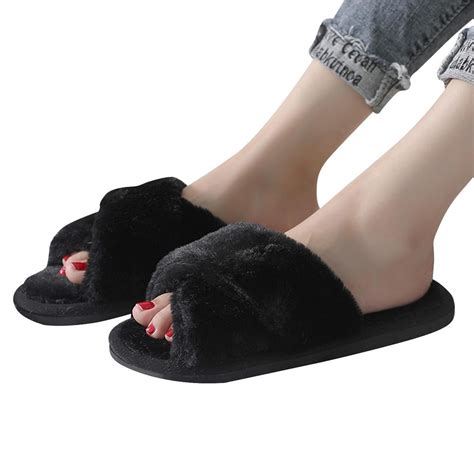 Women S Home Slippers Cross Band Soft Plush Fleece House Indoor Or