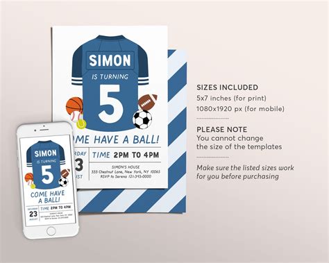 Editable Sports Birthday Invitation Template Sports Theme Etsy