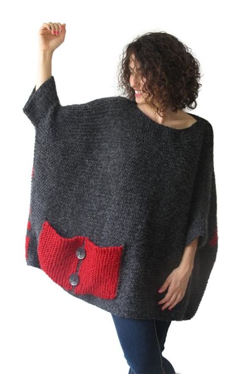 Plus Size Over Size Sweater Dark Gray Red Hand Knitted Sweater With