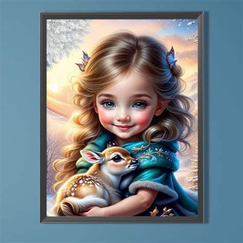 D Diy Full Round Drill Diamond Painting Cute Girl With Deer Home Decor