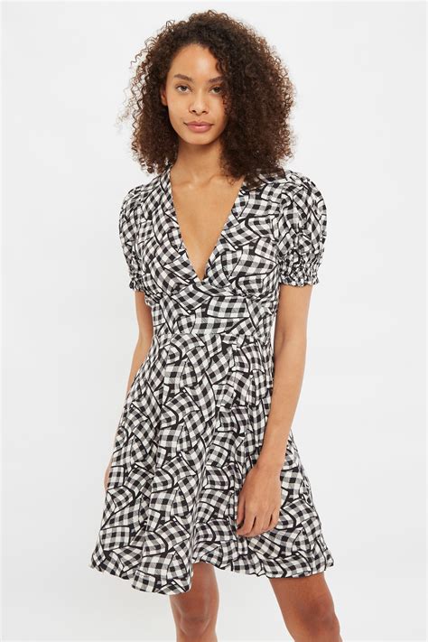 Louche Merle Gingham Twist Print V Neck Mini Tea Dress