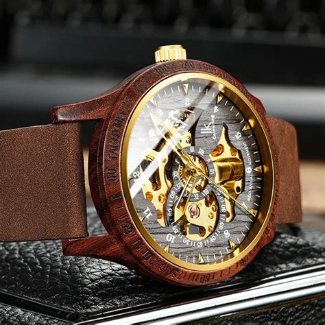 Ik Colouring Men S Wood Watch Luxury Golden Skeleton Mechanical Wooden